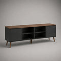 Meuble TV 200 cm avec portes et niches en MDF noir et plateau effet noyer 200 x 40 x 55 cm