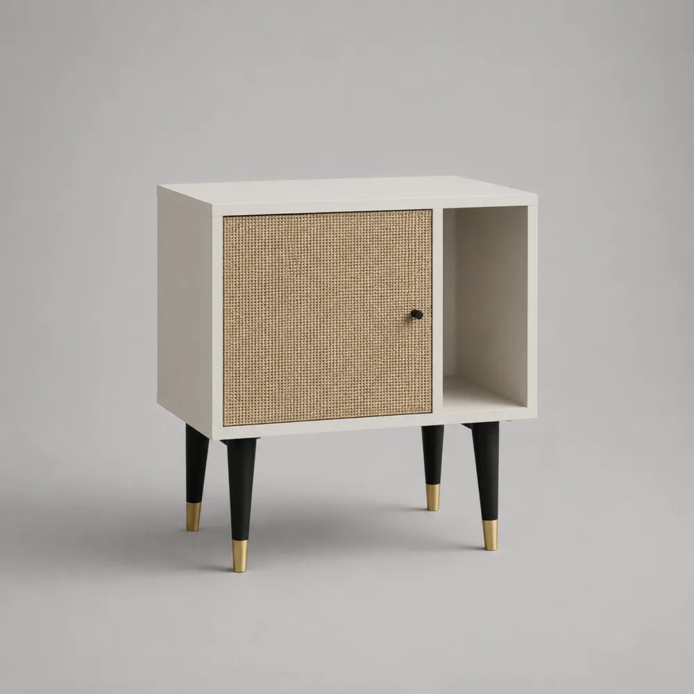 Table de chevet avec porte cannage en panneau mélaminé blanc beige 45 x 35 x 60 cm