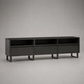 Meuble TV 220 cm avec tiroirs et niches ouvertes en MDF noir et pieds en acier noir 220 x 40 x 55 cm