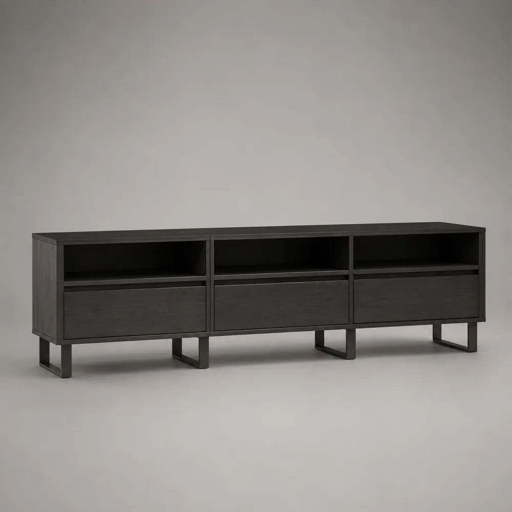 Meuble TV 220 cm avec tiroirs et niches ouvertes en MDF noir et pieds en acier noir 220 x 40 x 55 cm