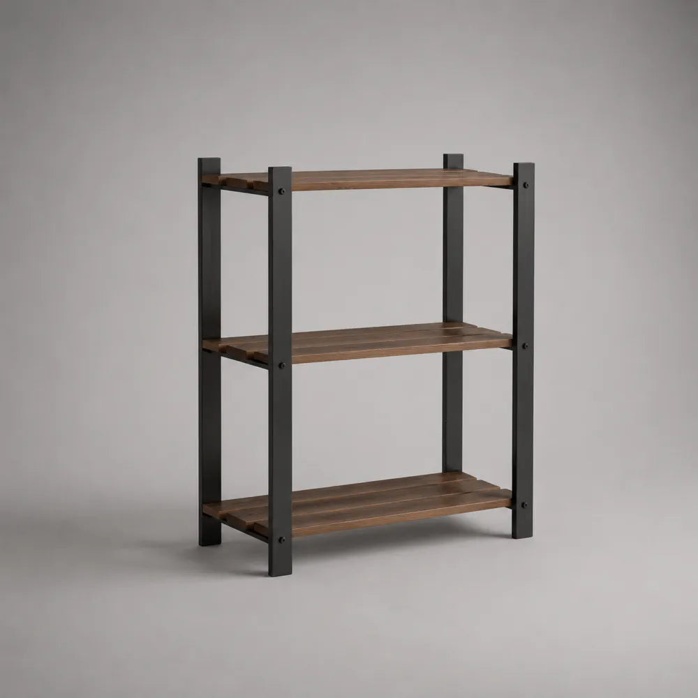 Étagère sur pied 90 cm avec 3 niveaux en acier noir et plateaux en bois marron 90 x 35 x 120 cm