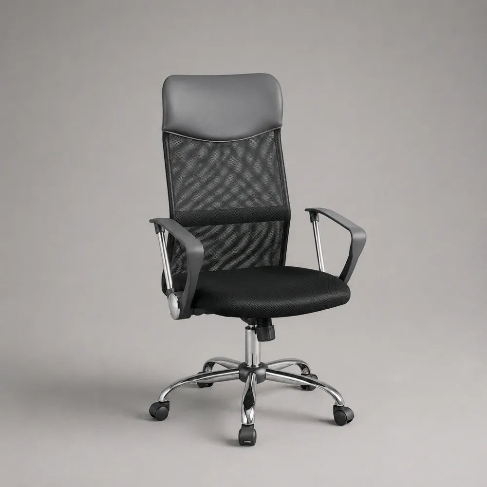 Chaise de bureau pivotante avec accoudoirs dossier résille noir et base en acier chromé 65 x 65 x 115 cm