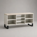 Meuble TV en MDF blanc avec niches ouvertes et plateau effet chêne avec pieds en acier noir 180 x 40 x 55 cm
