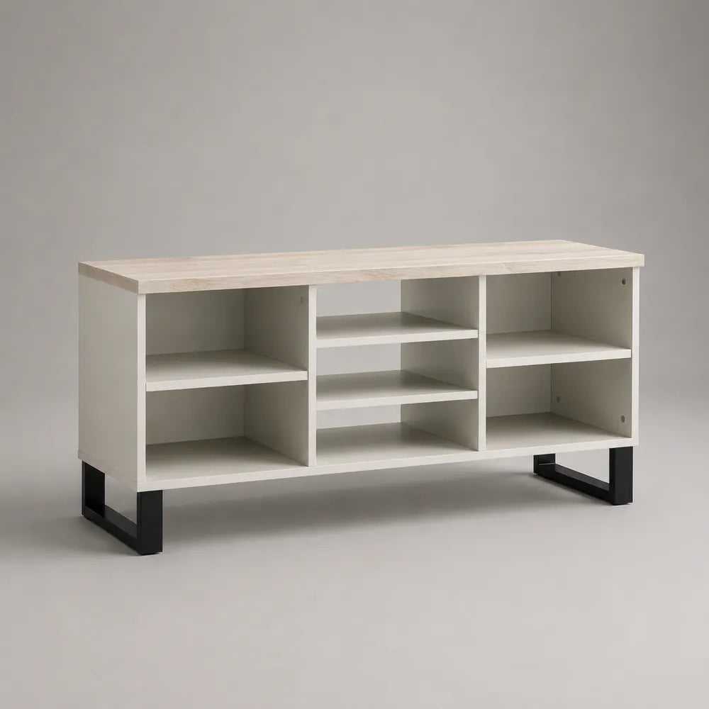 Meuble TV en MDF blanc avec niches ouvertes et plateau effet chêne avec pieds en acier noir 180 x 40 x 55 cm