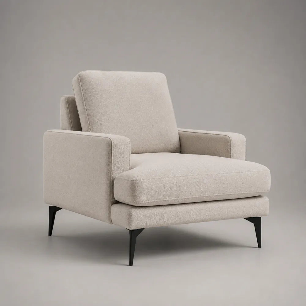 Fauteuil rembourré en tissu polyester beige avec pieds en acier noir 80 x 85 x 85 cm
