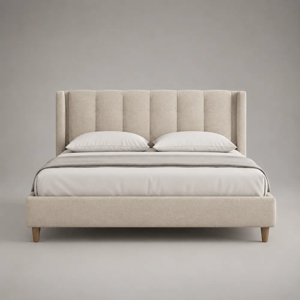 Lit double rembourré en tissu polyester beige avec tête de lit capitonnée verticale 160 x 200 cm