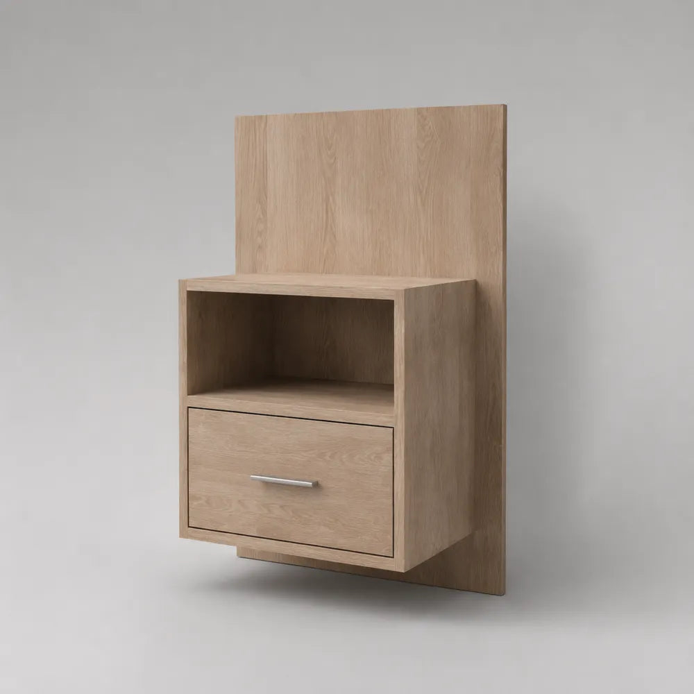 Table de chevet murale en MDF effet bois clair avec niche ouverte et tiroir 45 x 35 x 55 cm
