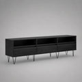 Meuble TV bas en MDF noir avec tiroirs et niches ouvertes pieds en acier noir 220 x 40 x 55 cm