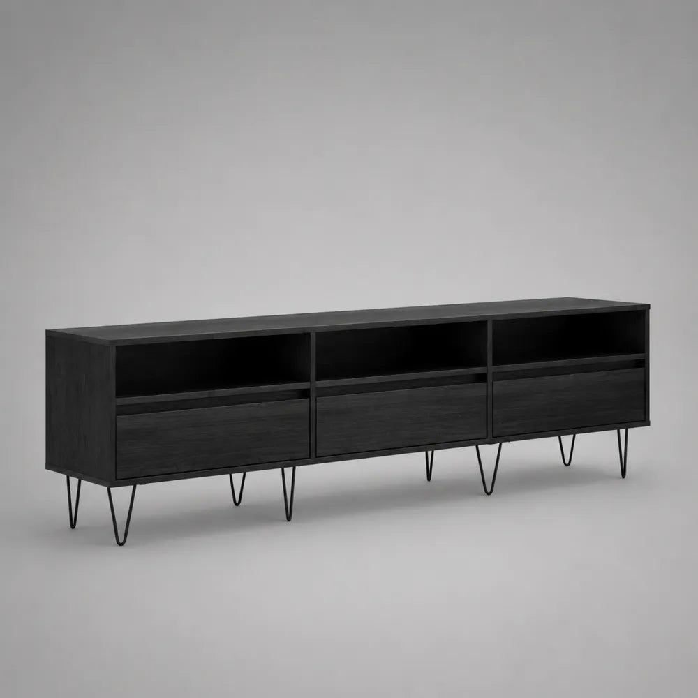 Meuble TV bas en MDF noir avec tiroirs et niches ouvertes pieds en acier noir 220 x 40 x 55 cm