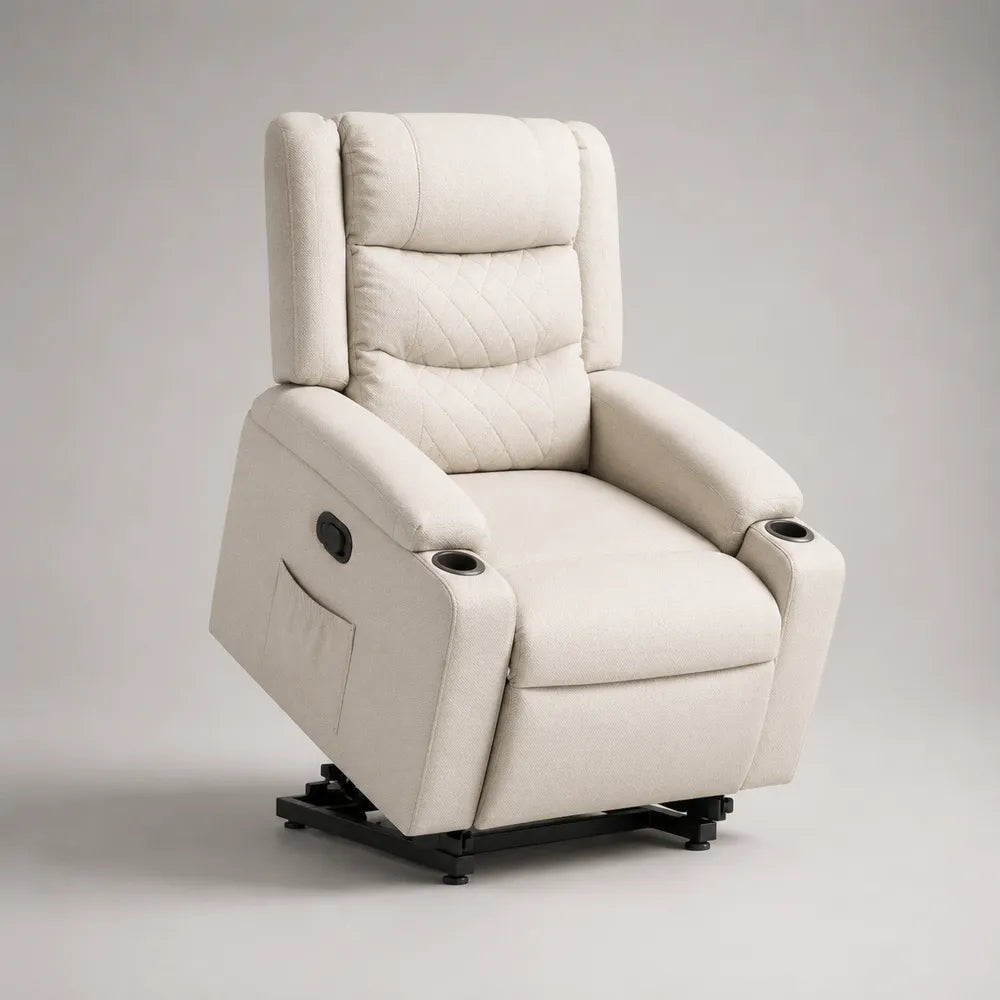 Fauteuil inclinable électrique en tissu polyester écru avec repose-pieds intégré 80 x 90 x 105 cm