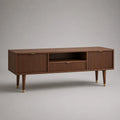 Meuble TV 200 cm avec portes rainurées niche ouverte et tiroir en MDF effet noyer avec pieds en bois 200 x 40 x 60 cm