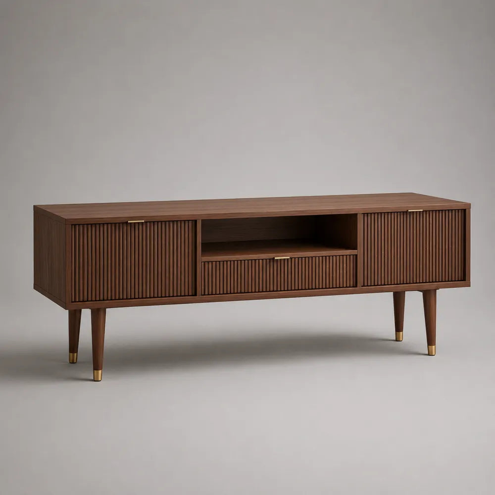 Meuble TV 200 cm avec portes rainurées niche ouverte et tiroir en MDF effet noyer avec pieds en bois 200 x 40 x 60 cm