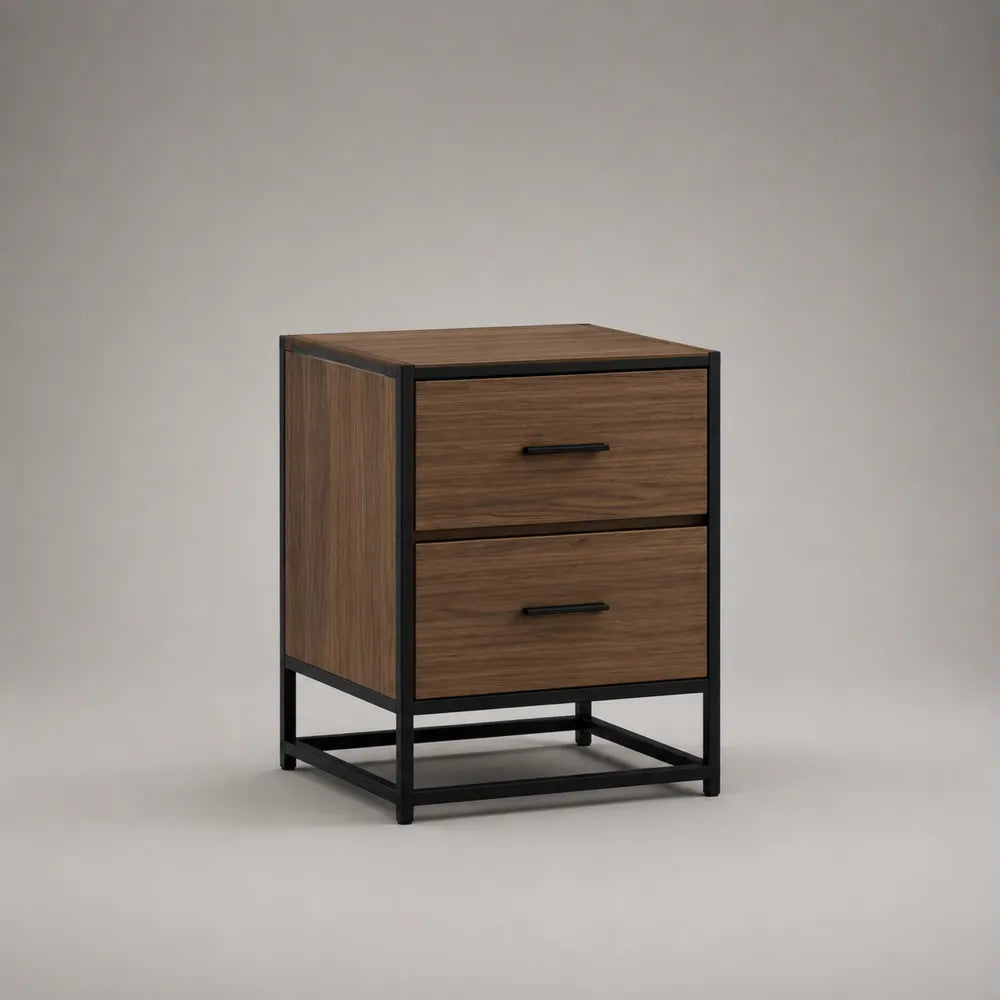 Table de chevet avec 2 tiroirs en panneaux mélaminés marron et cadre en acier noir 45 x 35 x 55 cm
