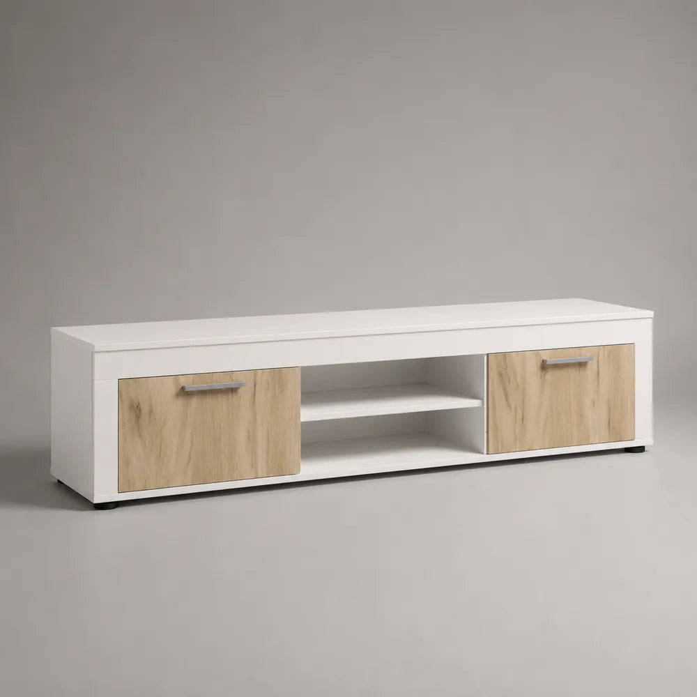 Meuble TV en MDF blanc et effet chêne avec portes et niche ouverte 200 x 40 x 45 cm
