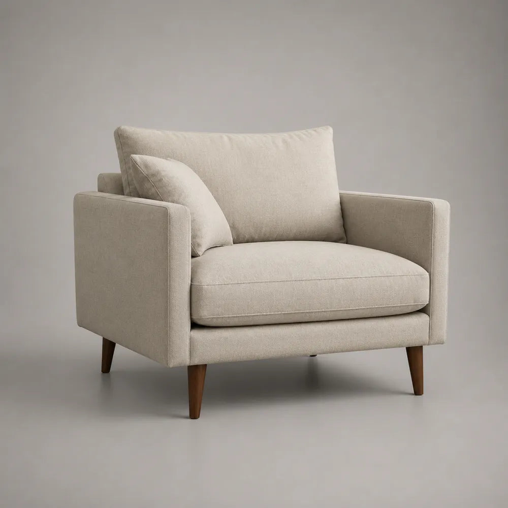 Fauteuil 1 place 78x85x82 cm en polyester beige avec accoudoirs et pieds en bois massif