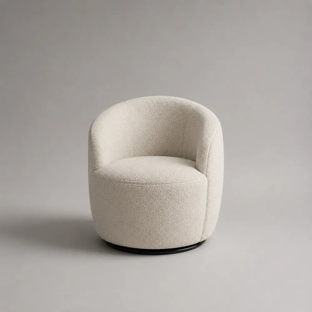 Fauteuil de salon pivotant rond en tissu bouclette polyester blanc cassé avec base acier noir 75 x 72 x 74 cm