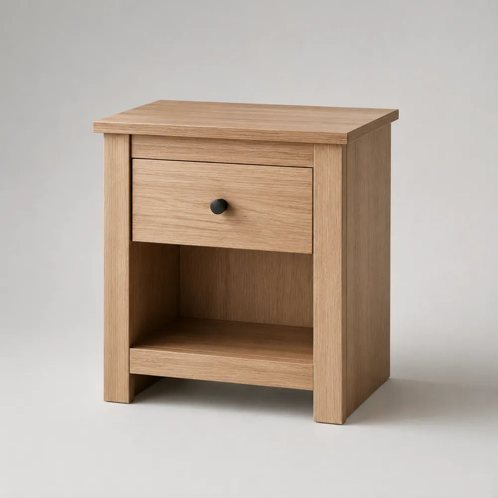 Table de chevet 45x35x55 cm en panneau mélaminé beige bois clair avec tiroir et niche ouverte