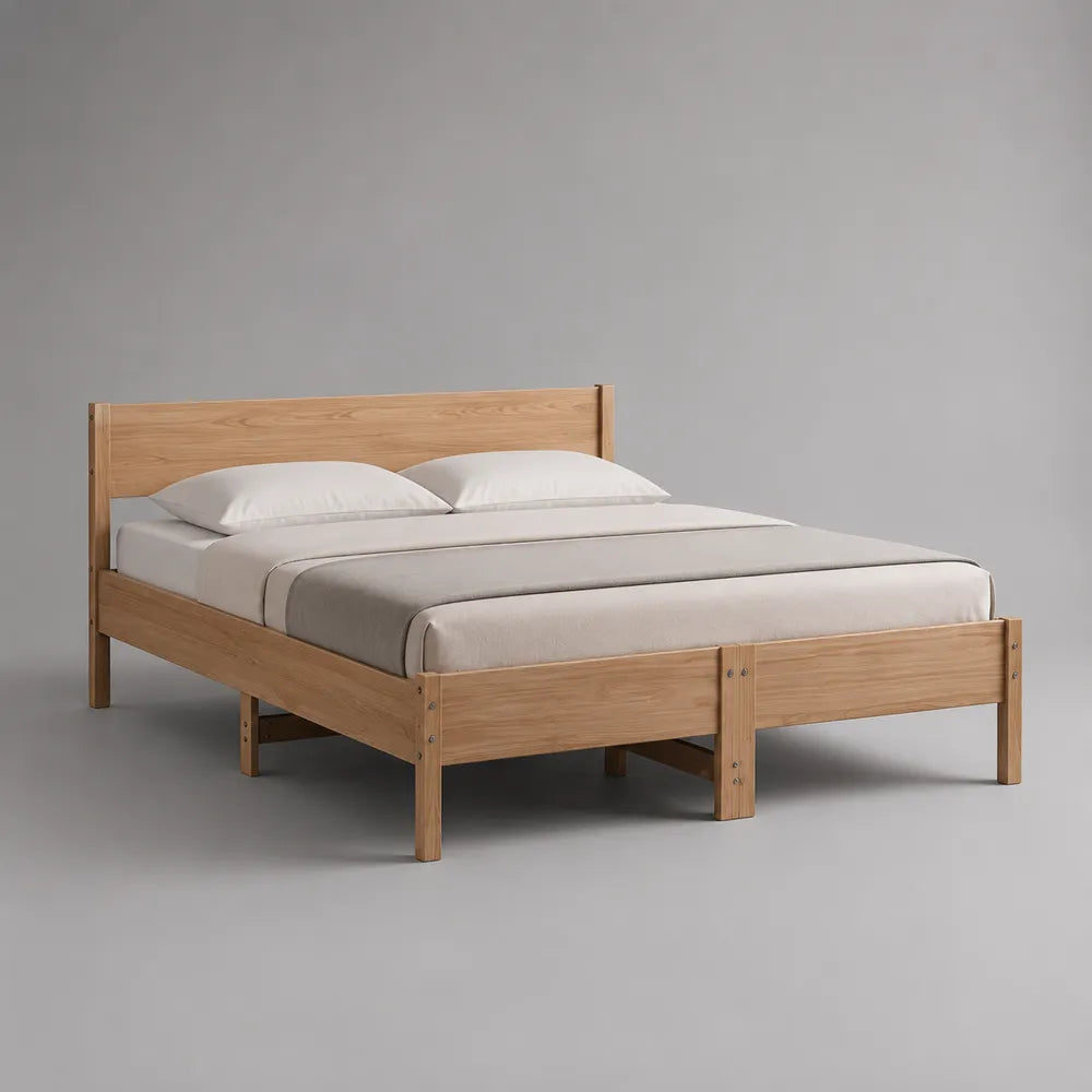 Lit double en bois effet chêne naturel avec tête de lit et cadre rectangulaire 160 x 200 cm
